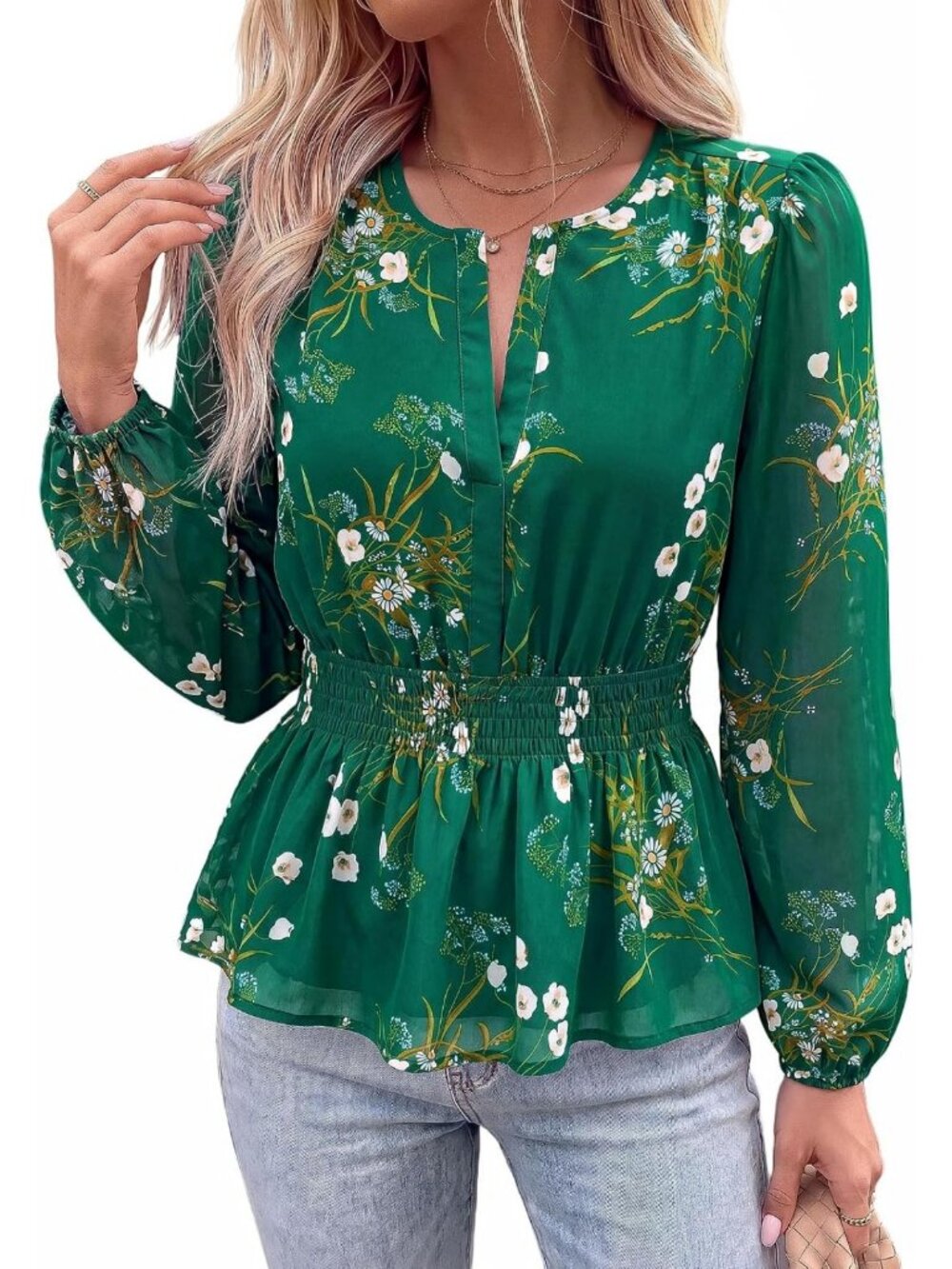 Floral V-Neck Long Sleeve Chiffon Top - Dressy Casual Women's Shirt